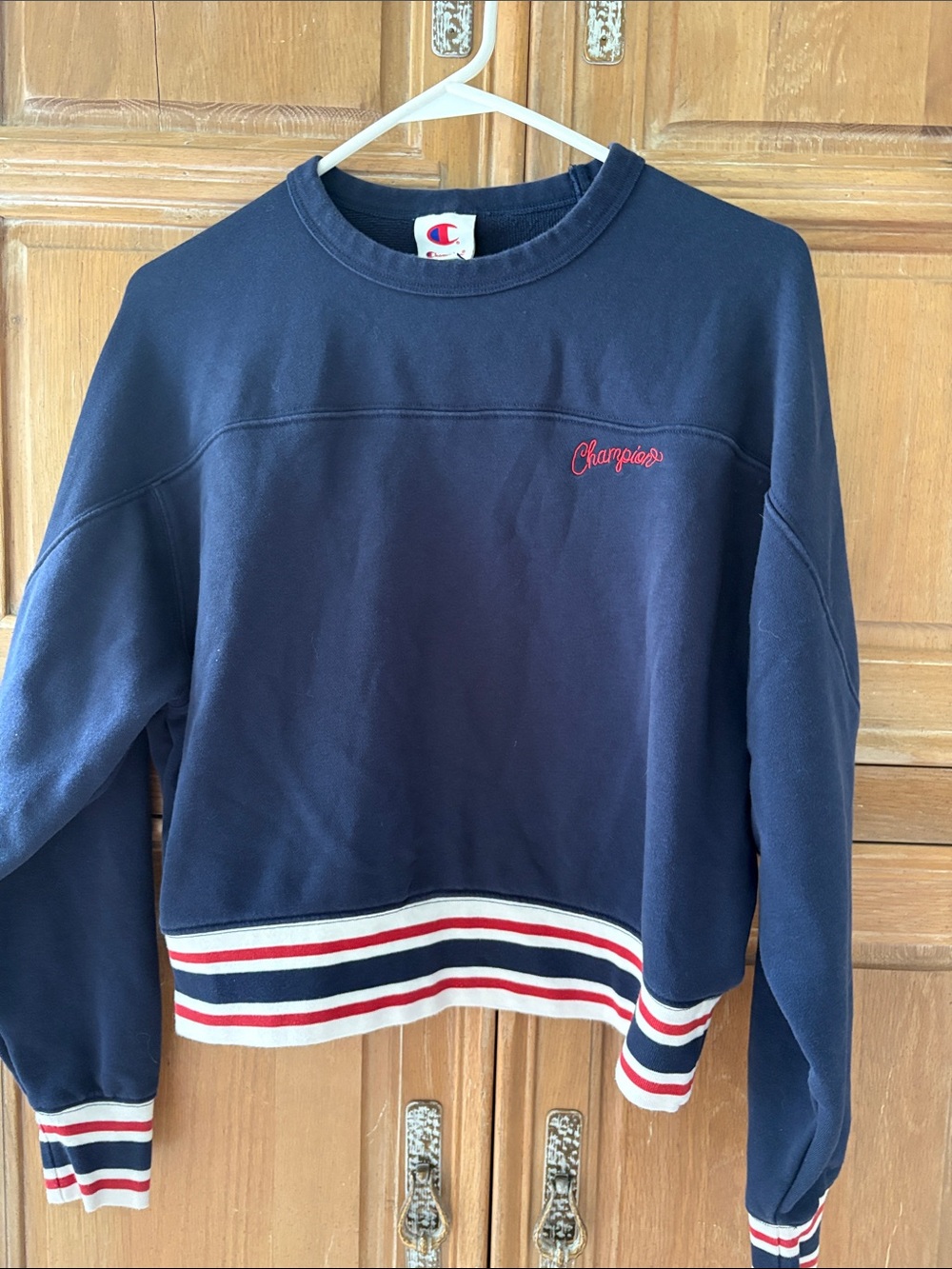 Champion Navy Crewneck Sweater with Red Embroidery and Striped Hem